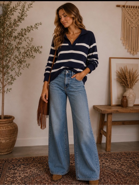 aerie Sweaters - aerie Navy and White Striped V-Neck Pullover